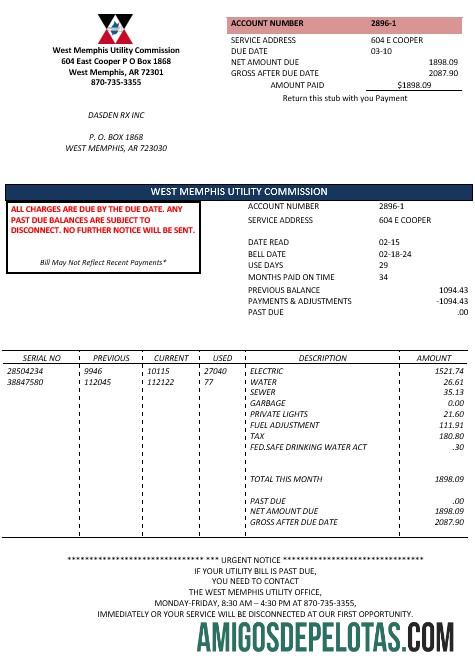 Para baixar modelo de conta de serviços públicos de negócios dos EUA Arkansas West Memphis em formatos Word e PDF